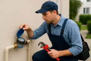 سباك يفحص عداد المياه الخارجي